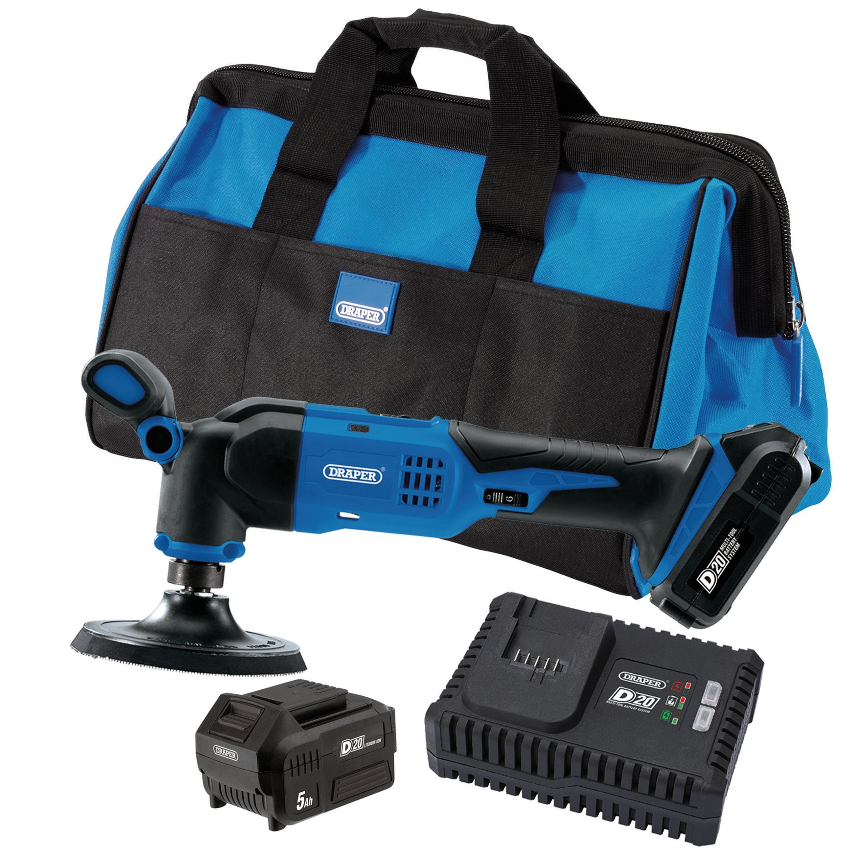 Draper 99731 (*d20k3) D20 20v Dual Action Polisher Kit, 125mm, 2 X 5.0ah Battery, 1 X
